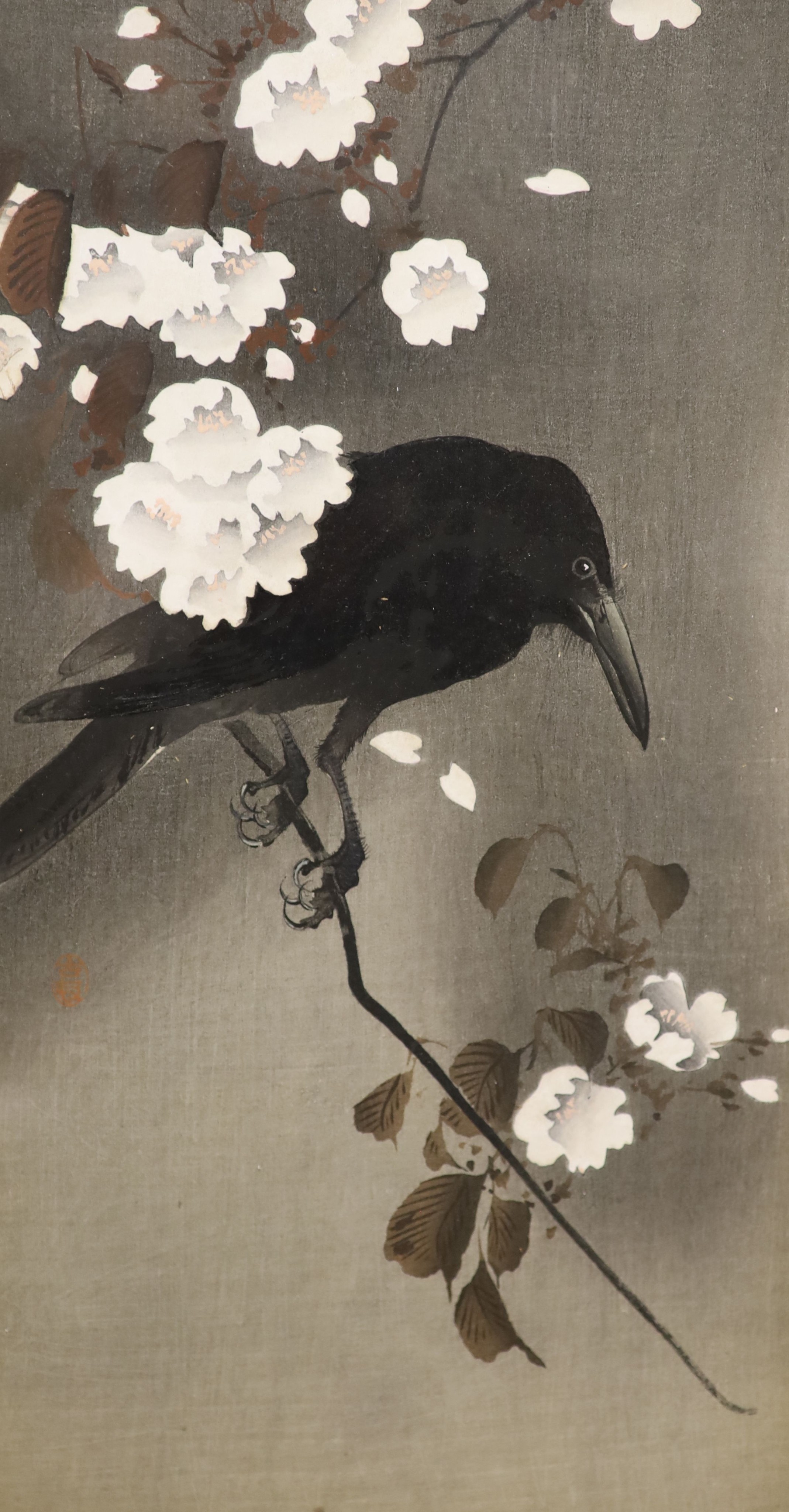 Kosan, two woodblock prints, Raven on a branch and Mice with a feather, 34 x 18cm